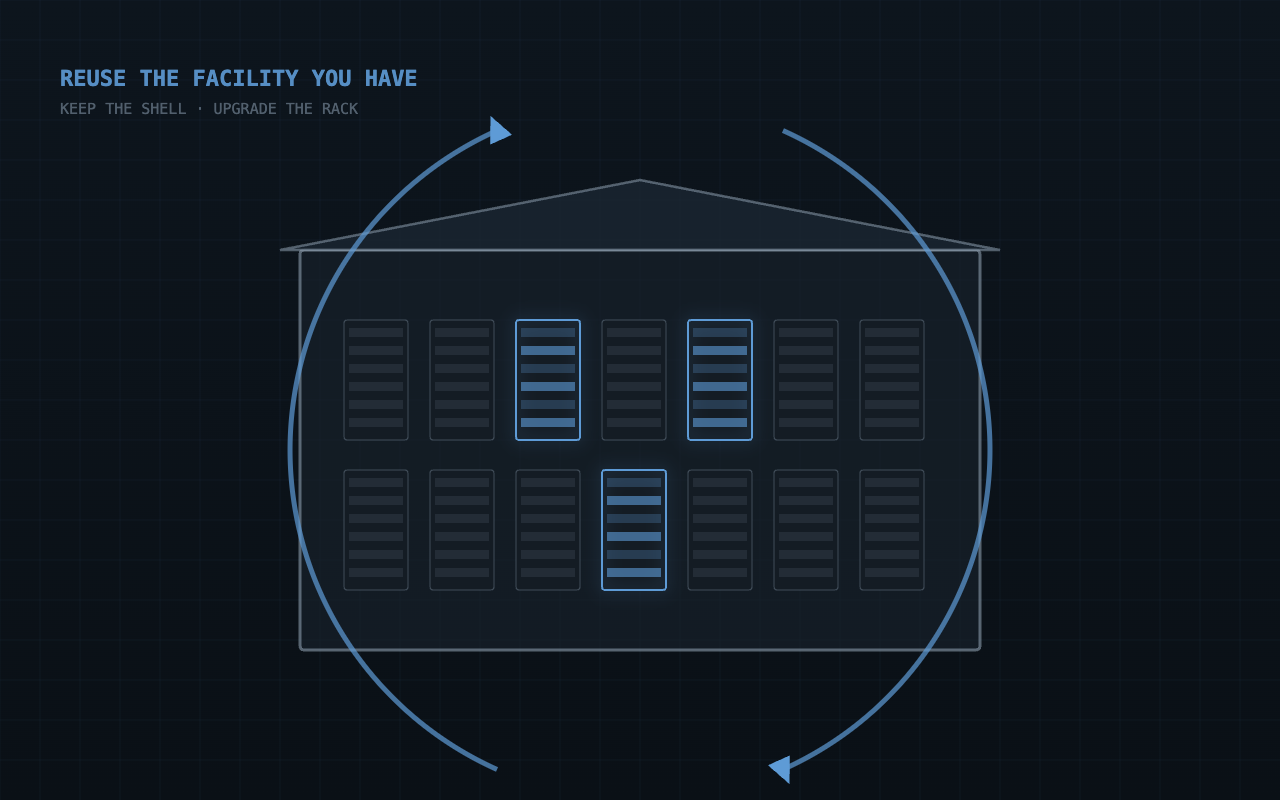 Retrofit: reuse the existing facility shell, upgrading racks in place